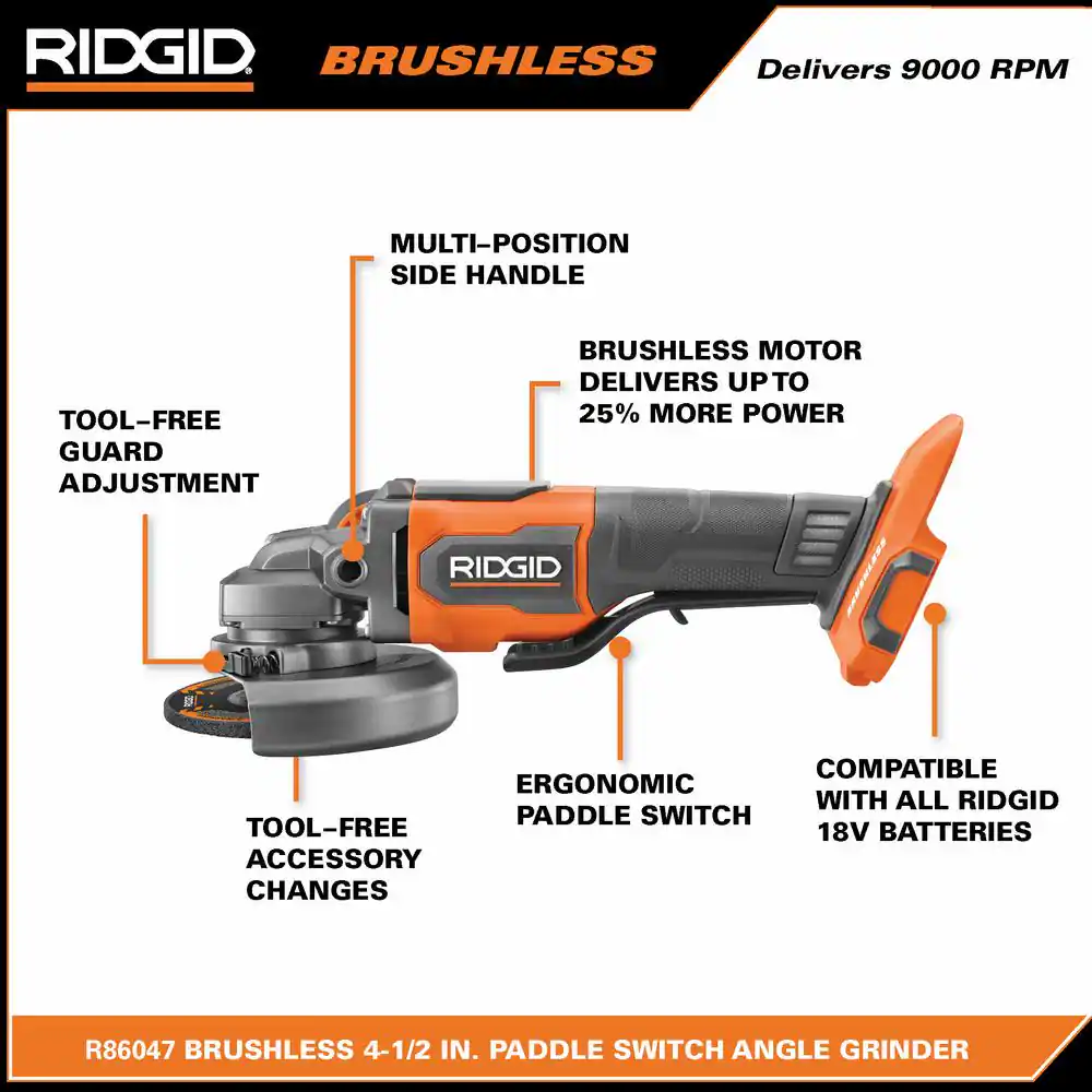 RIDGID R86047B 18V Brushless Cordless 4-1/2 in. Paddle Switch Angle Grinder (Tool Only)