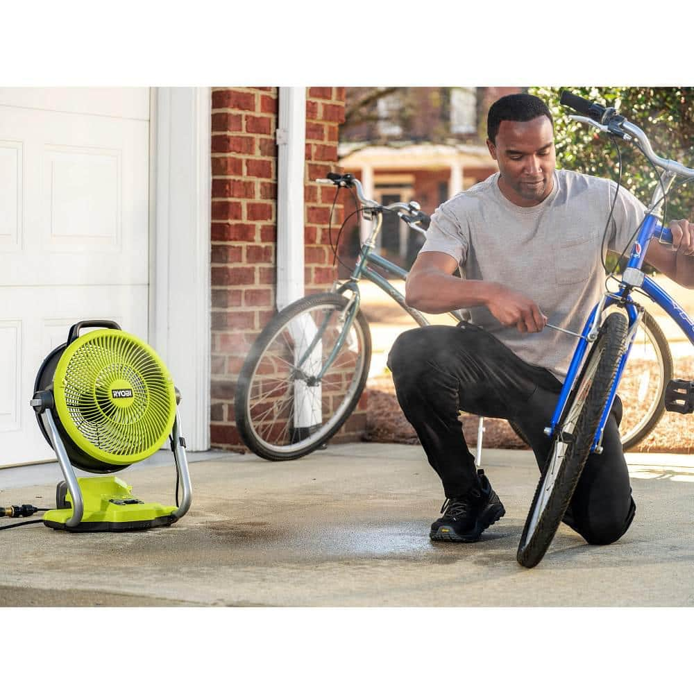 RYOBI ONE+ 18V Cordless Hybrid WHISPER SERIES 12 in. Misting Air Cannon Fan Kit with (2) 4.0 Ah Batteries and 18V Charger PCL850K1-PBP005