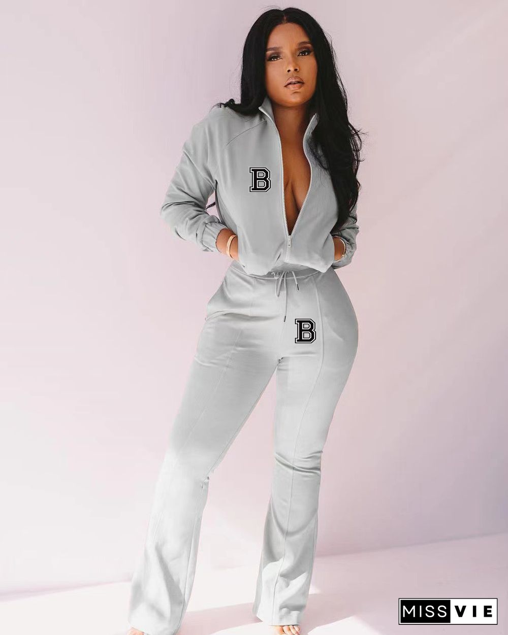 Sportswear Zip-up Jacket Flare Pants Two Piece Sets