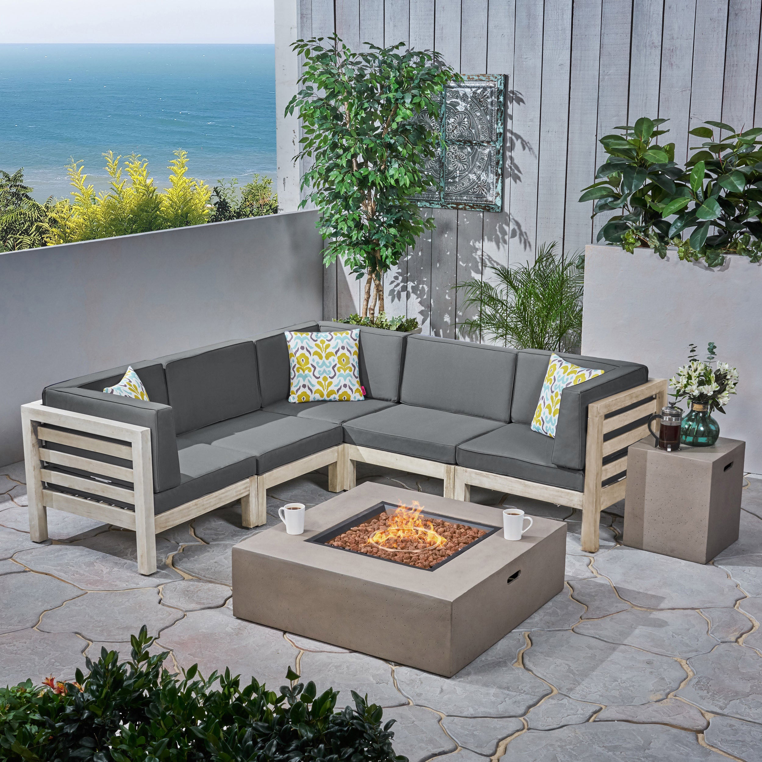 Ravello Outdoor V-Shaped Sectional Sofa Set with Fire Pit