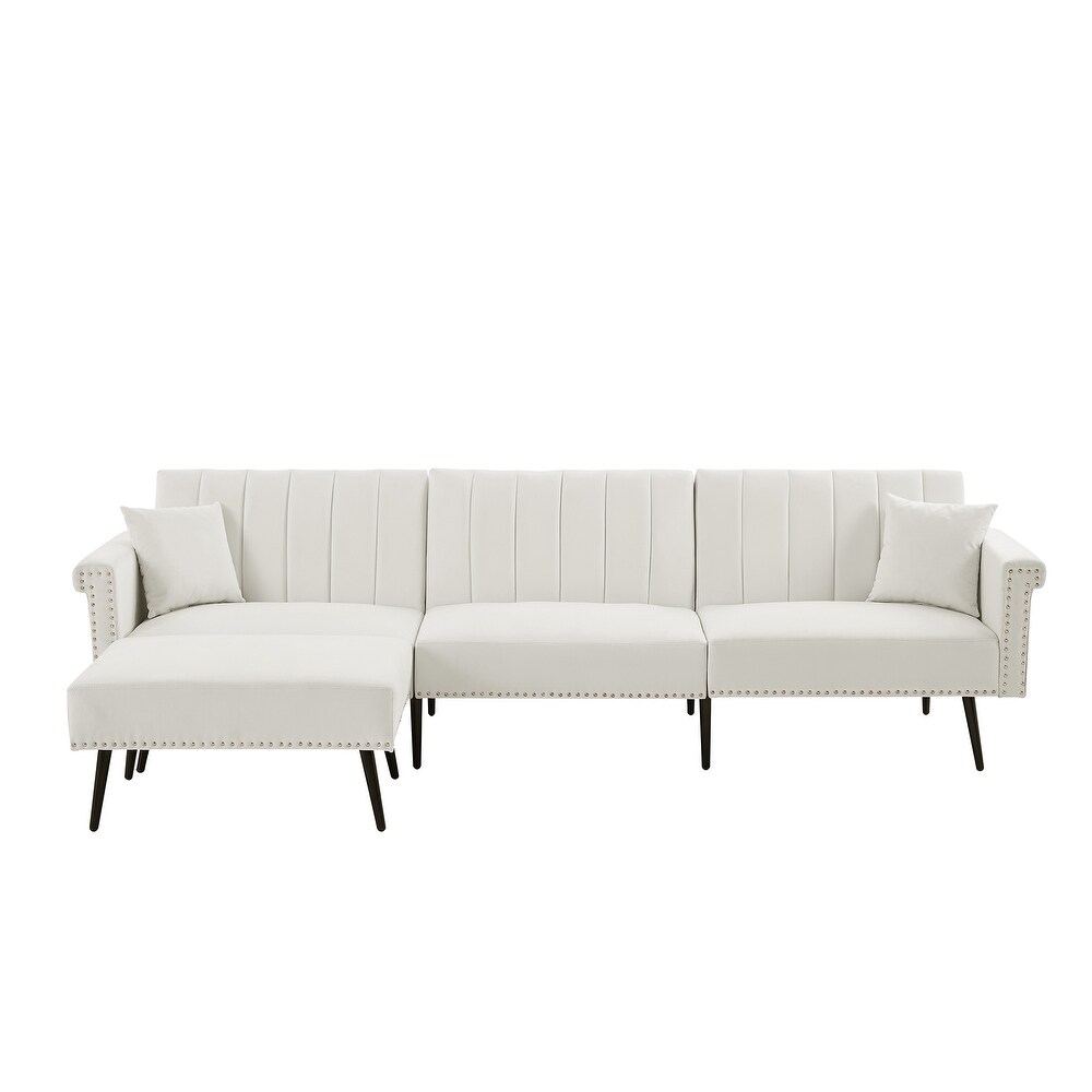 Velvet Upholstered L Shaped Sectional Sofa Convertible Sofa Bed with Nailhead Trim and Ottoman  Adjustable Backrest Positions