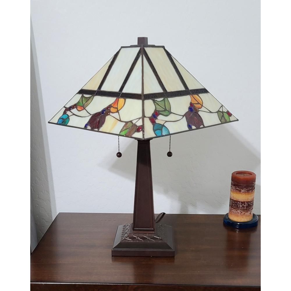 23" Cream and Jewel Stained Glass Two Light Mission Style Table Lamp