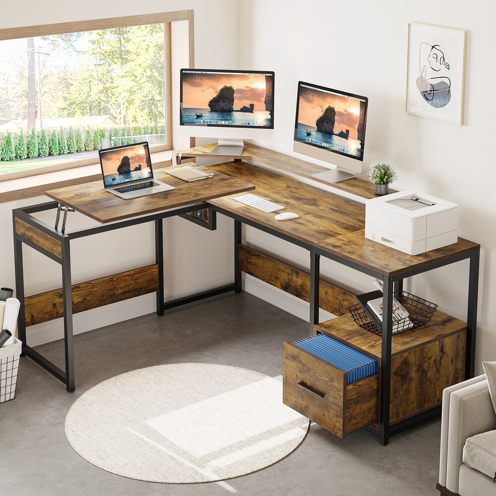 Moasis L Shaped Wood Computer Desk with File Drawer for Home Office