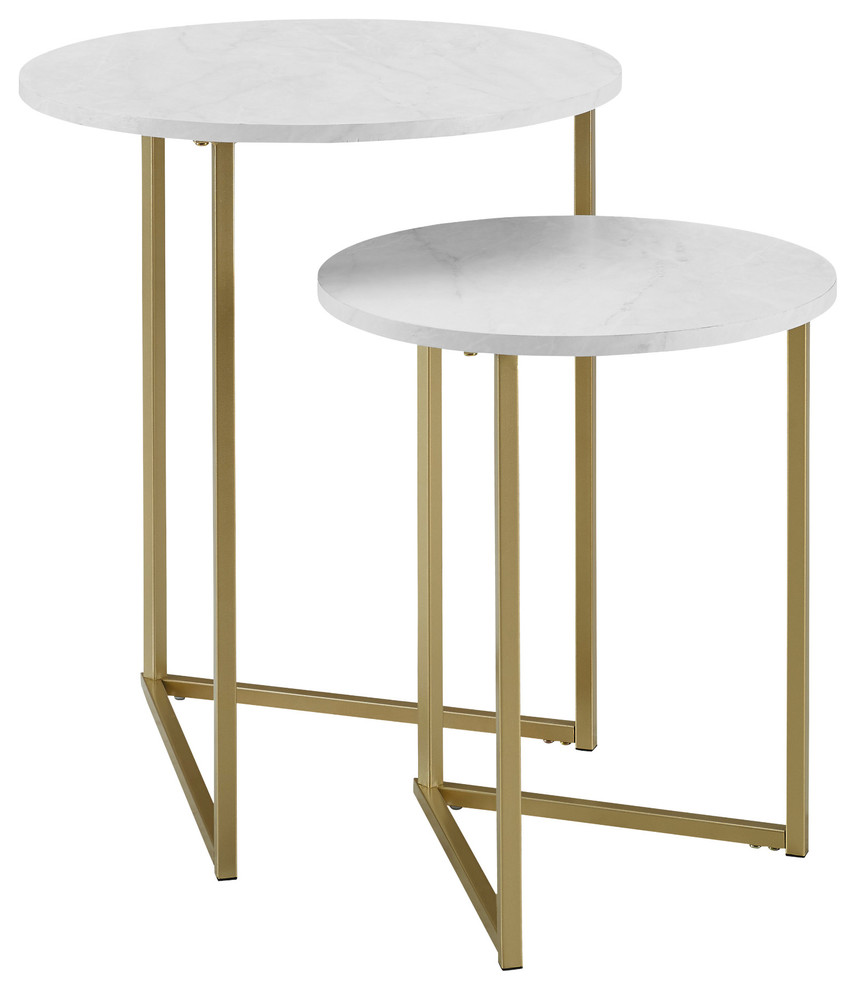 2 Piece V Leg Nesting Side Tables  White Faux Marble/Gold   Contemporary   Coffee Table Sets   by Walker Edison  Houzz