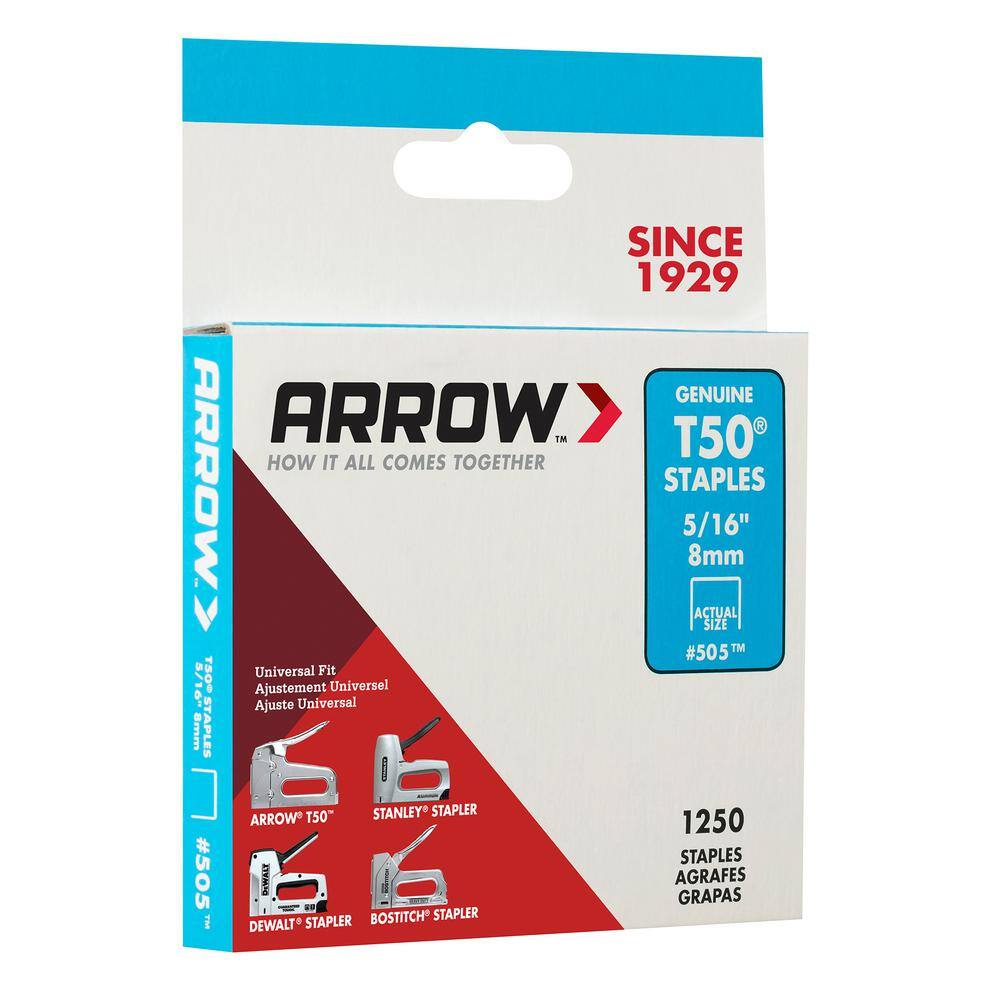 Arrow T50 516 in. Leg x 38 in. Crown 18-Gauge Galvanized Steel Staples (1250-Pack) 505