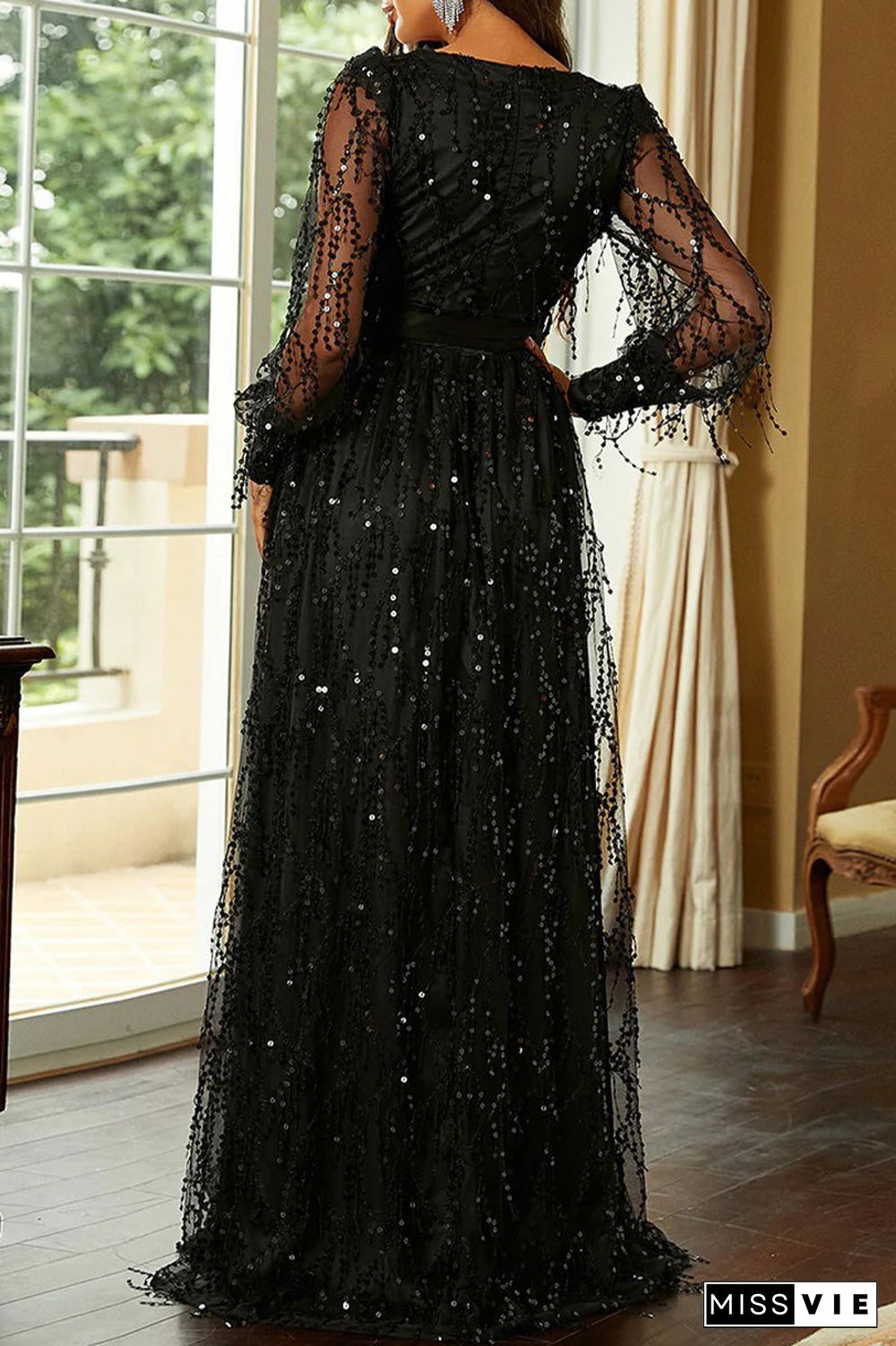 Elegant Formal Print Tassel Sequins High Opening V Neck Evening Dresses