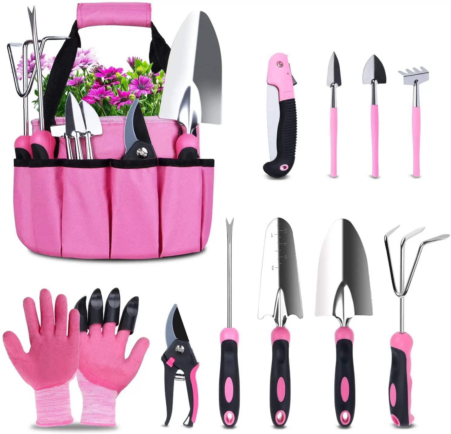 Ten Pack Stainless Steel PP TPR Handle Pink Shovel Rake Pruning Shears Mowing Weeding Garden Set with Oxford Bucket Bag