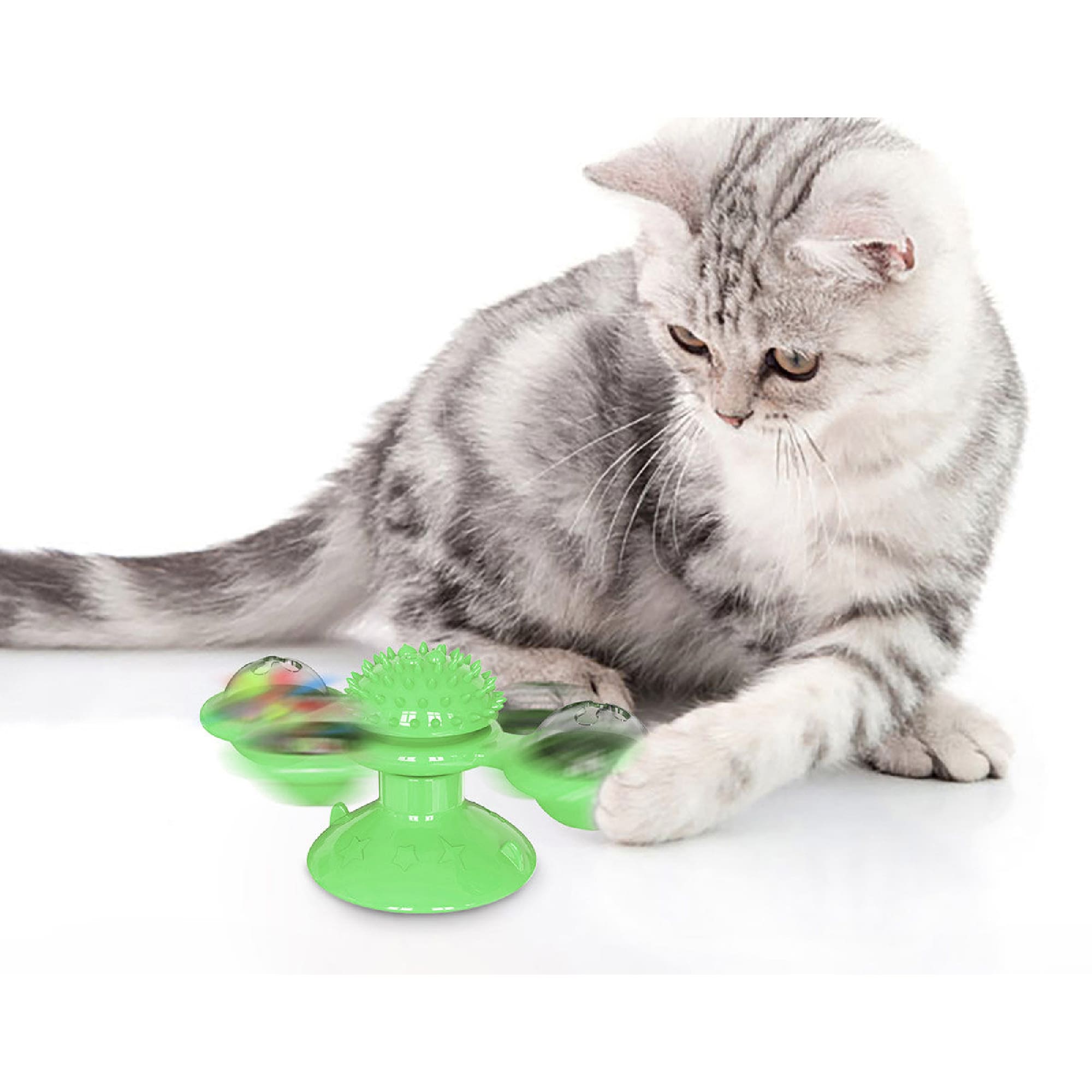 PET LIFE Green 'Windmill' Rotating Suction Cup Spinning Cat Toy