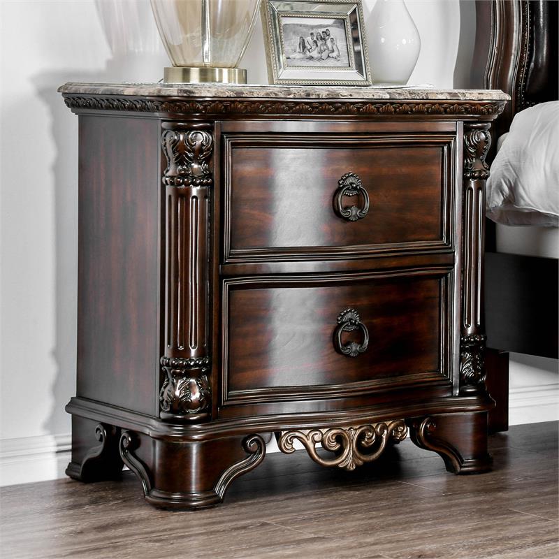 Jordan Transitional Wood and Marble Top Nightstand in Brown Cherry Set of 2