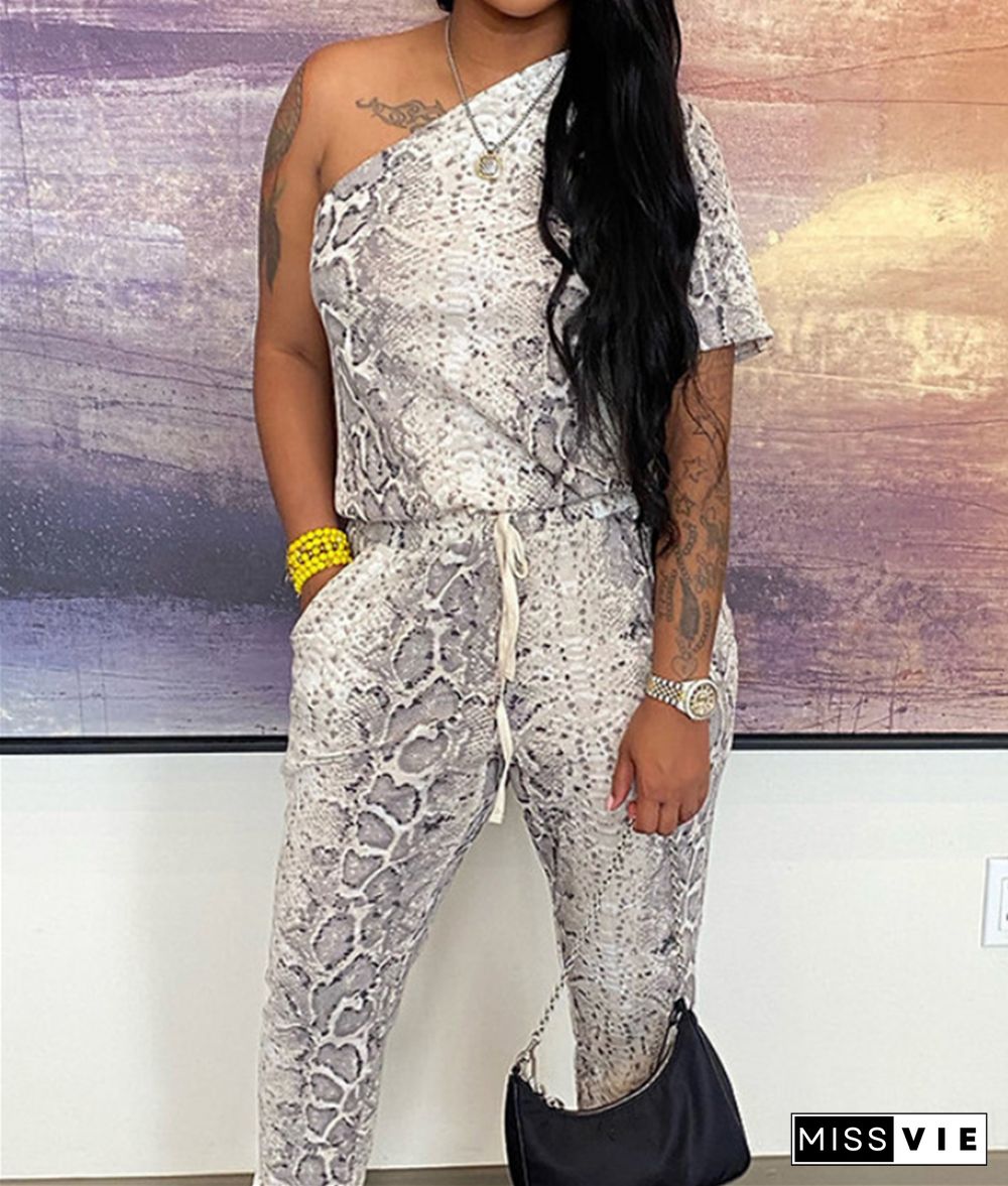 Snakeskin Short Sleeve One Shoulder Street Jumpsuits