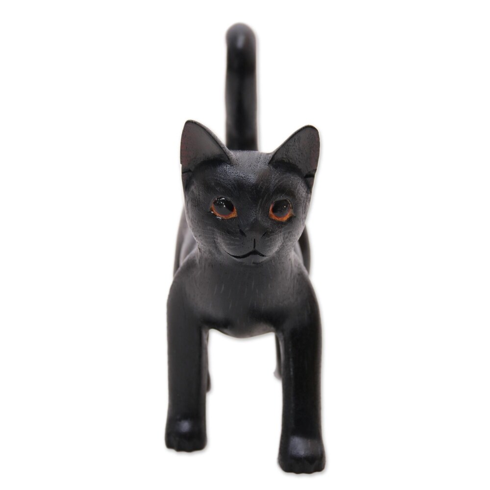 Handmade Curious Kitten In Black Wood Sculpture (Indonesia)   7.25\