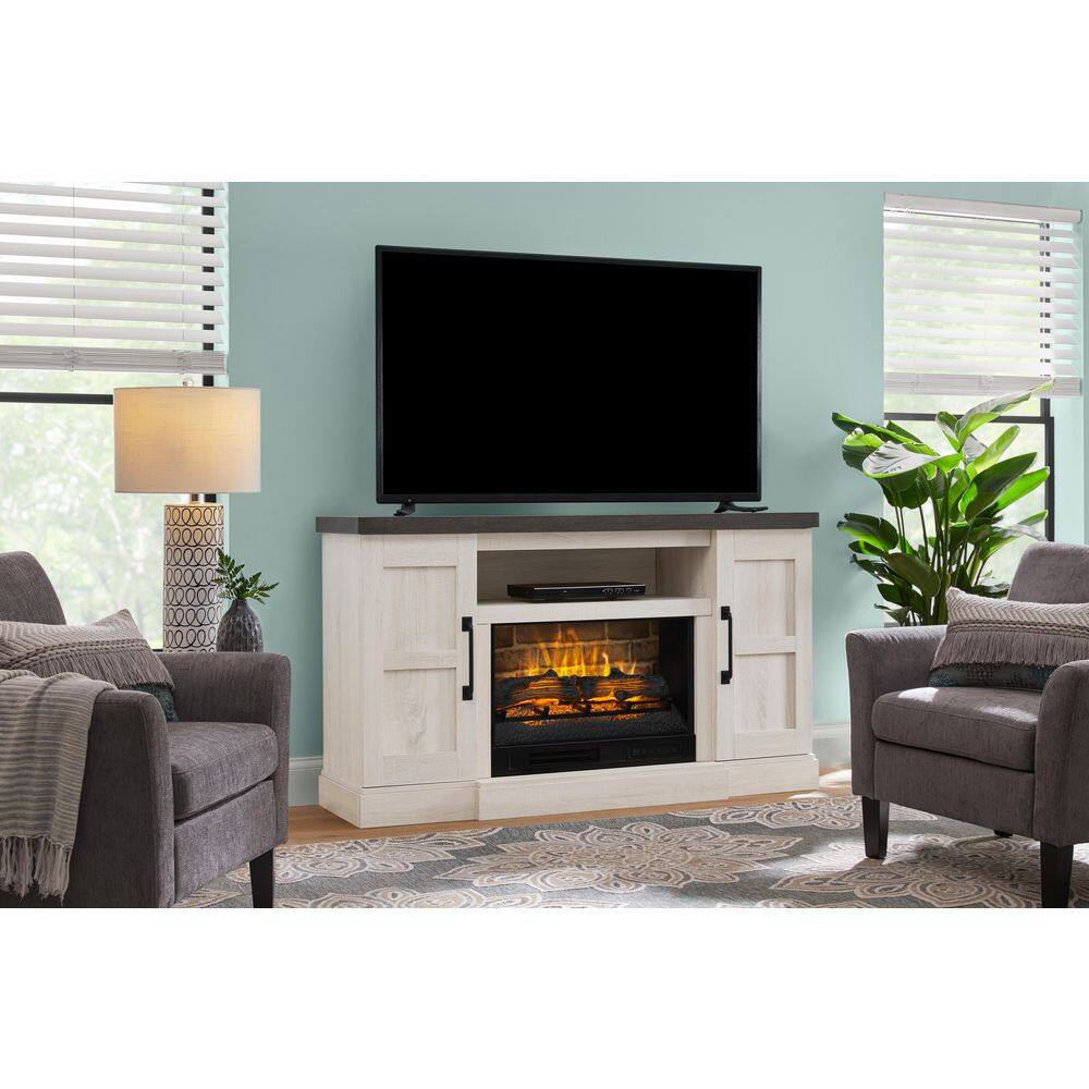 StyleWell Chelsea 58 in. Freestanding Electric Fireplace TV Stand in Light Taupe Ash Grain w Charcoal Top HDFP58-65E