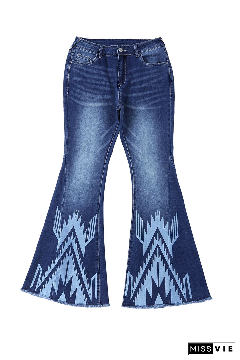 Blue Western Pattern High Rise Flare Jeans