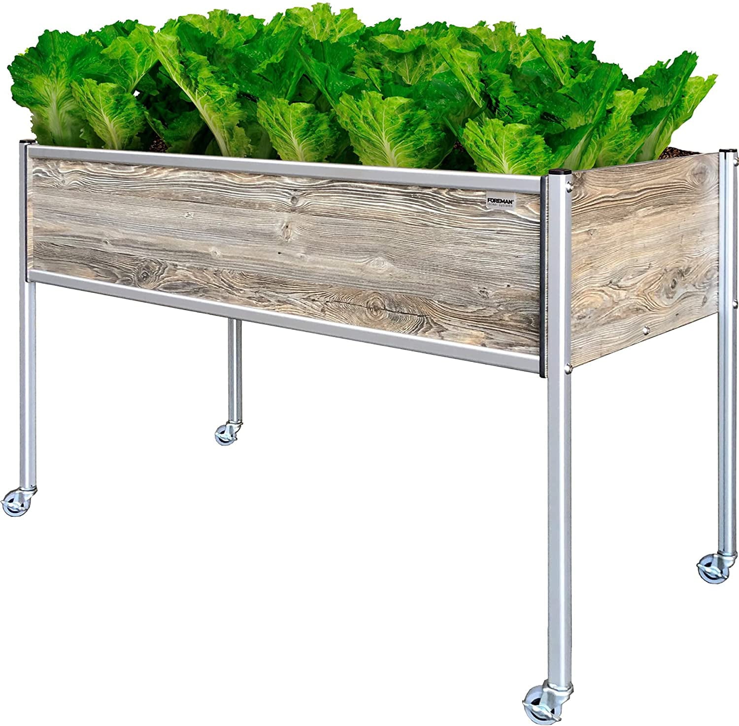 Foreman Raised Garden Bed Planter Box Kit 48" Lx24 Wx32 H 10 Year Warranty Premium HPL Plastic Wood Grain (Amaretto) Aluminum Legs Outdoor Indoor with Lockable Caster Wheels Made in The USA