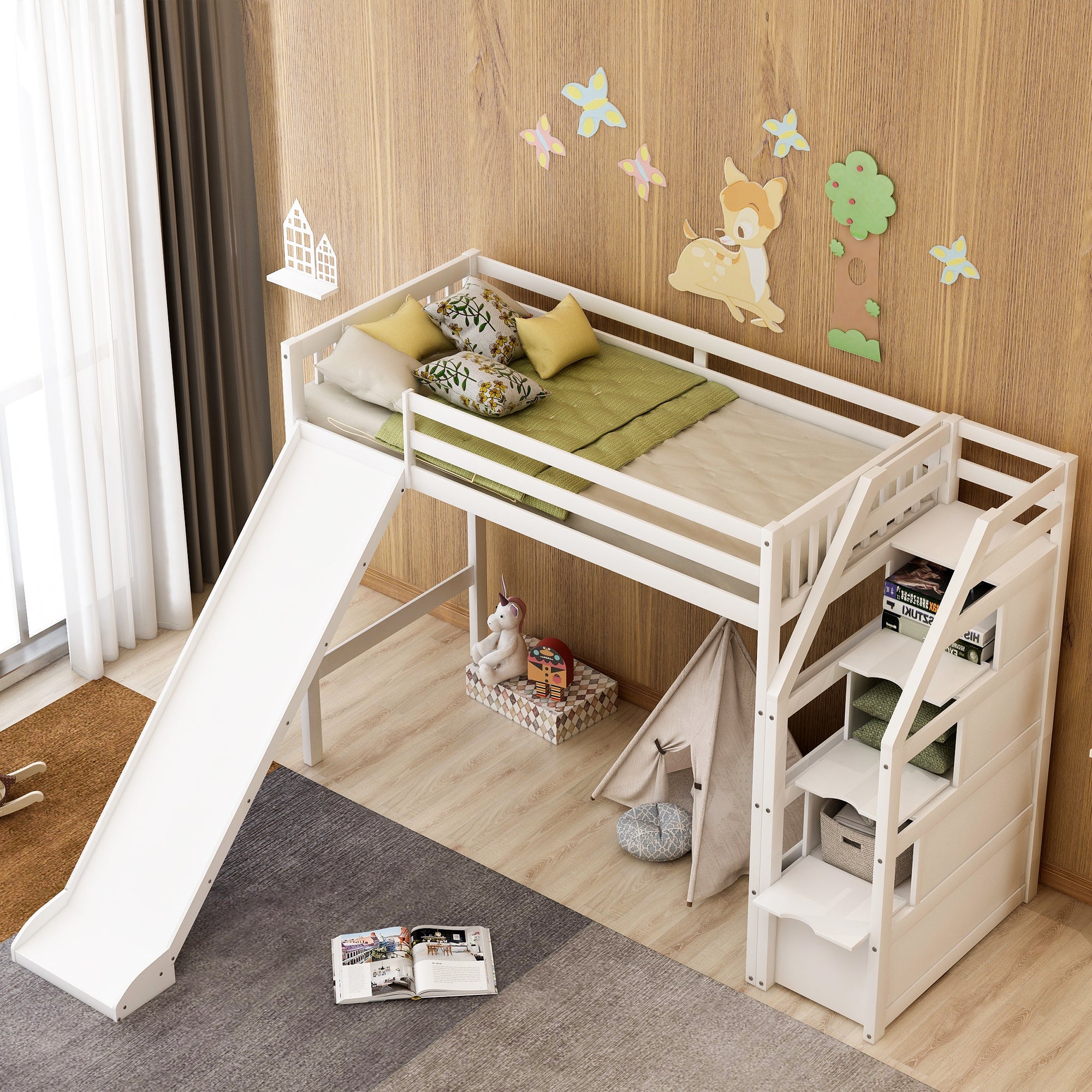 Euroco Wood Twin Size Loft Bed with Slide and Drawers for Child, White