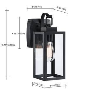 Uixe 1-Light Matte Black Light Outdoor Wall Lantern Sconce with Clear Glass and Built-In GFCI Outlets SSL-12151-GFCI