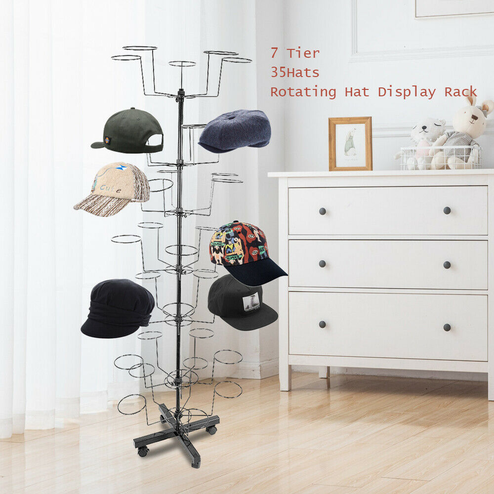 Miumaeov 7 Tier Rotating Hat Rack Stand w/ 35 Hook Modern Metal Freestanding Retail Stand