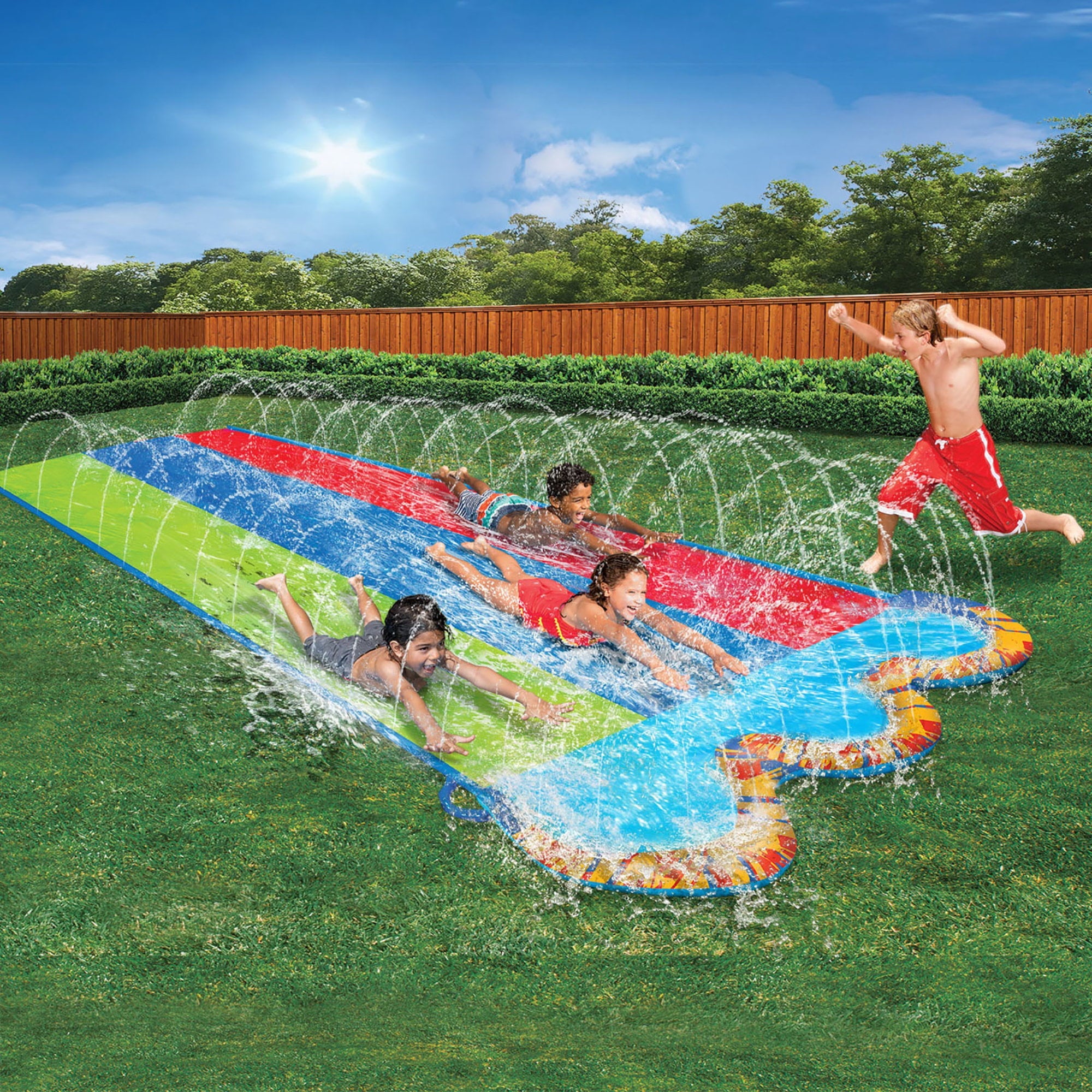 Banzai Kids Triple Racer Inflatable Water Slide, 16 ft x 82 in, Outdoor Splash Toy