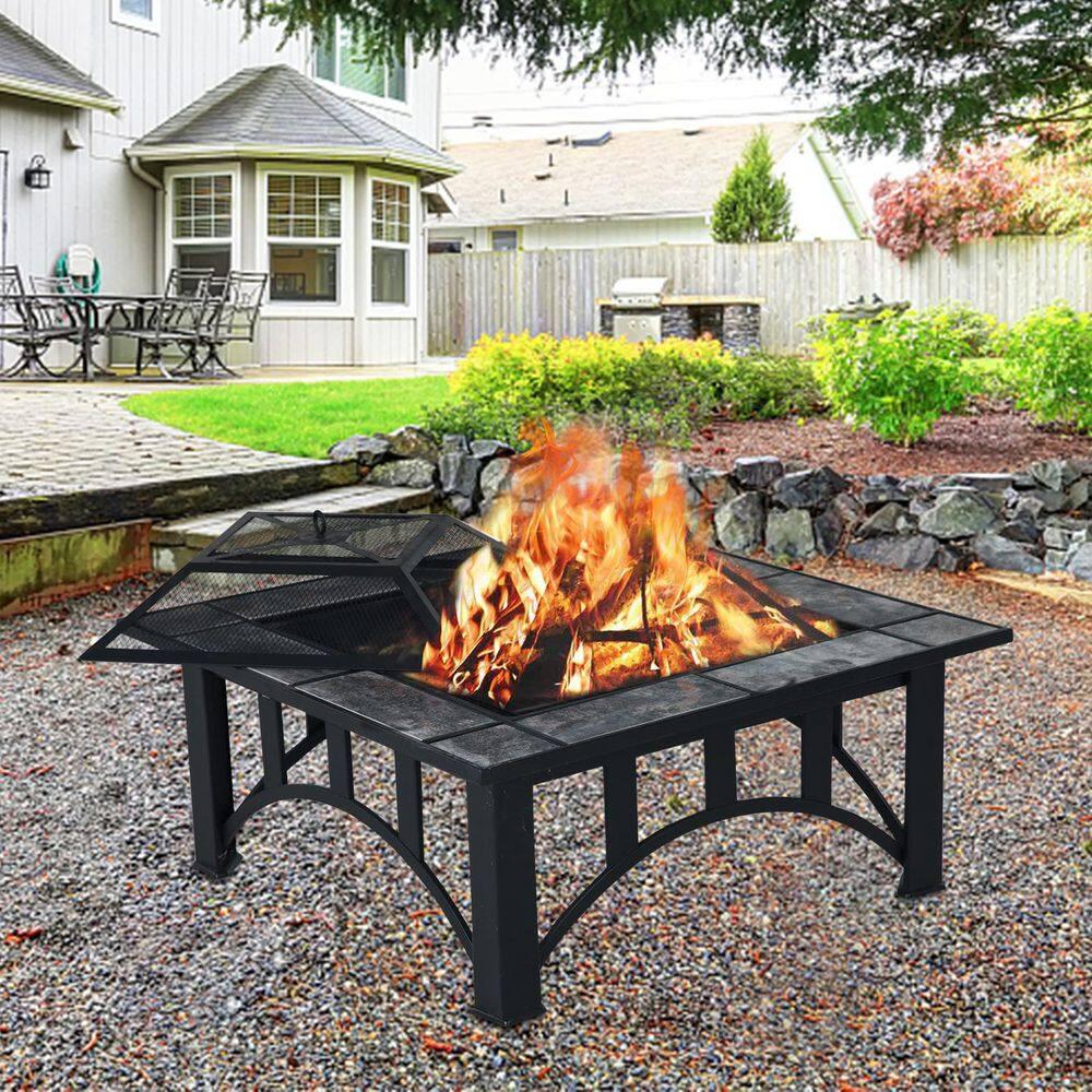 Wildaven 32 in W x 18 in H Square Antique Finish Wood Burning Outdoor Fire pit with Spark Screen Waterproof Cover Poker