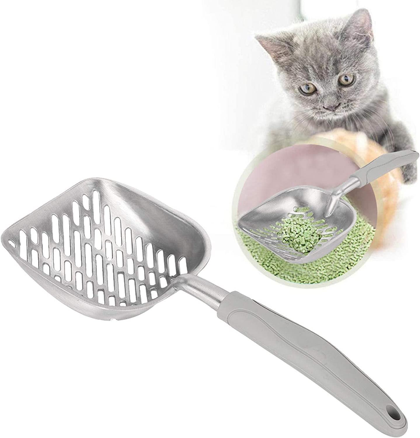 Velaurs Cat Litter Scoop， Stainless Steel Metal Cat Litter Scooper Cat Litter Sifter Pet Scoop with Handle for Litter Box， Grey