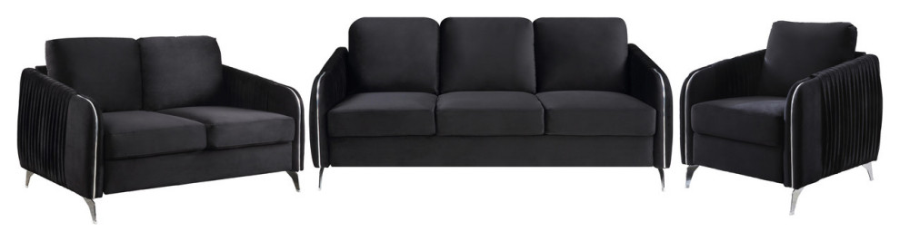 Lilola Home Hathaway Black Velvet Fabric Sofa Loveseat Chair Living Room Set   Modern   Living Room Furniture Sets   by PARMA HOME  Houzz