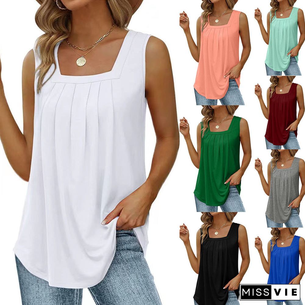 Women's Pleated Square Collar Sleeveless Dovetail Blouses