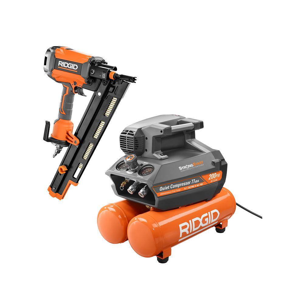 RIDGID 4.5 Gal. Portable Electric Quiet Air Compressor with 21-Degree 3-12 in. Round Head Framing Nailer OF45200SS-R350RHF