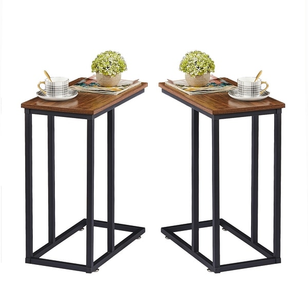 Modern Snack Table C-shaped Side End Table Set of 2，Brown/Black/Grey Sofa Table