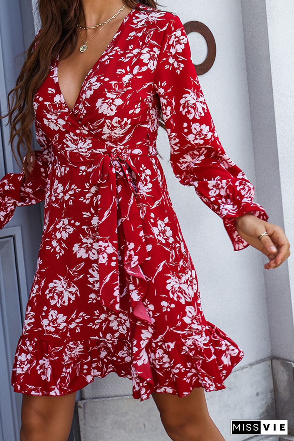 Red Surplice V Neck Waist Tie Floral Dress