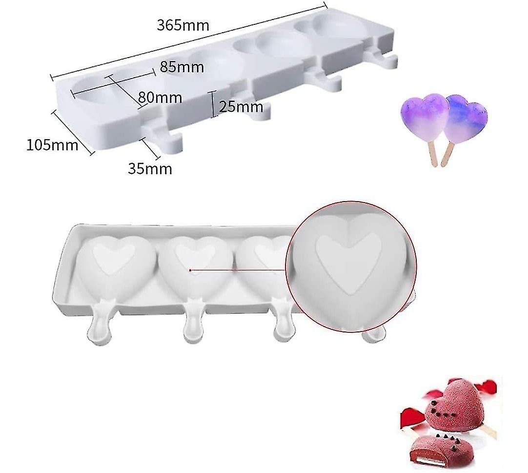 Yaju Ice Cream Mould Heart Silicone Popsicle Mould，heart Shape 4pcs Silicone Ice Cream Mould Ice Cream Stick Ice Cream Tool Ice Cream Popsicle(white)