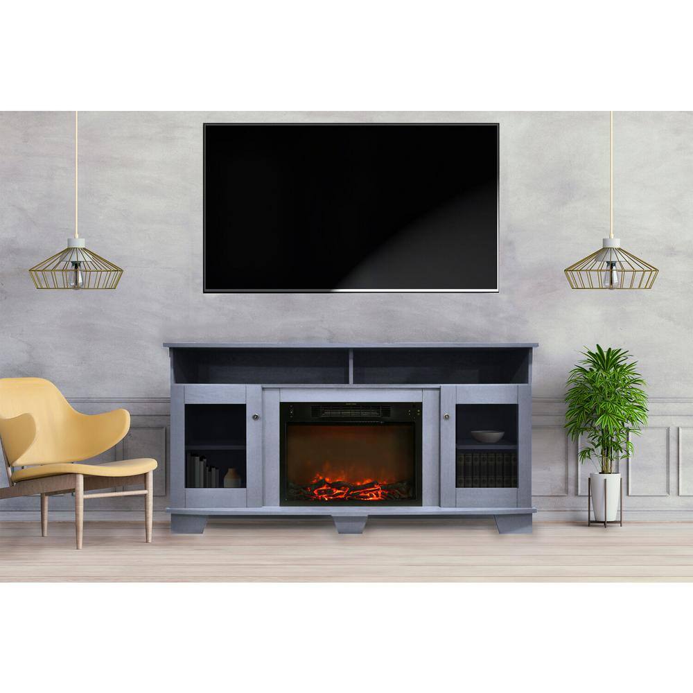 Hanover Glenwood 59.1 in. W Freestanding Electric Fireplace TV Stand in Slate Blue with Charred Log Display FS6022-1BSBL1