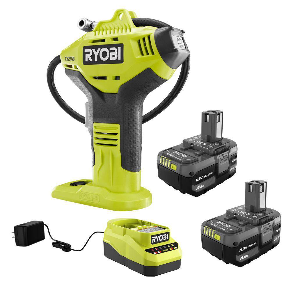 RYOBI ONE+ 18V Lithium-Ion 4.0 Ah Compact Battery (2-Pack) and Charger Kit with Free Cordless High Pressure Inflator PSK006-P737D