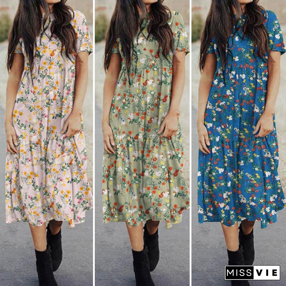 Loose Women Floral Printed Crew Neck Long Shirt Dress Holiday Baggy Midi Sundress Plus