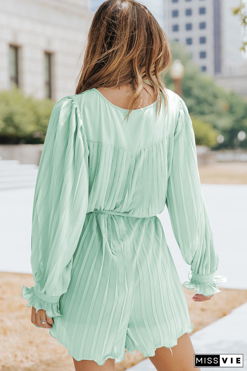 Pleated Ruffled Tie Waist Buttons V Neck Romper