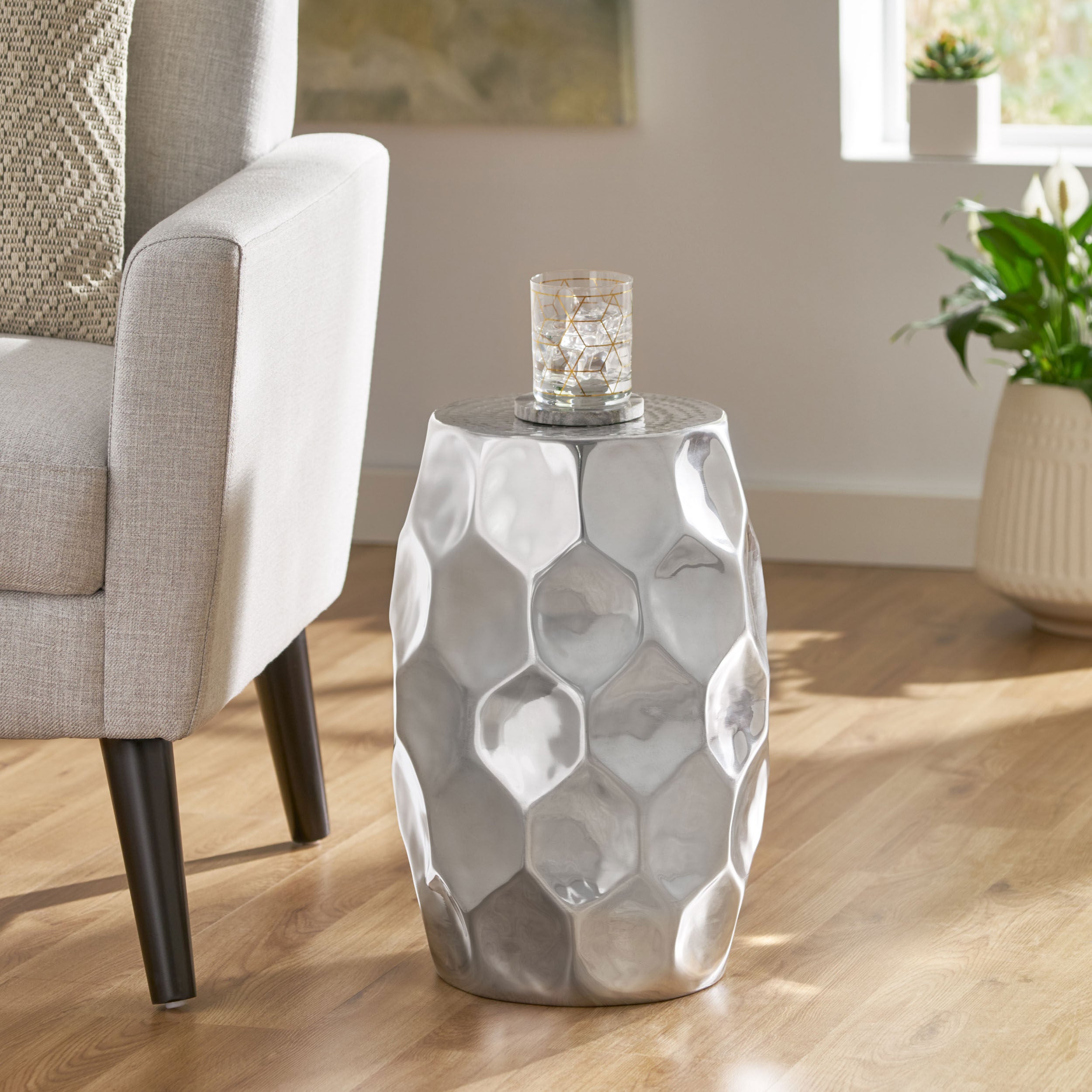 Duffy Modern Glam Handcrafted Aluminum Honeycomb Side Table, Silver