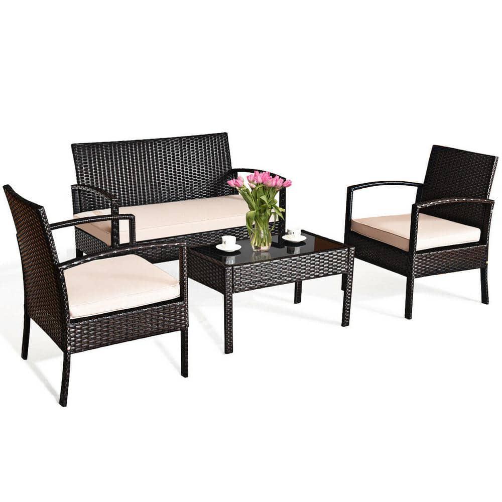 SUNRINX 4Piece Brown Wicker Outdoor Patio Furniture Set with Beige Cushion