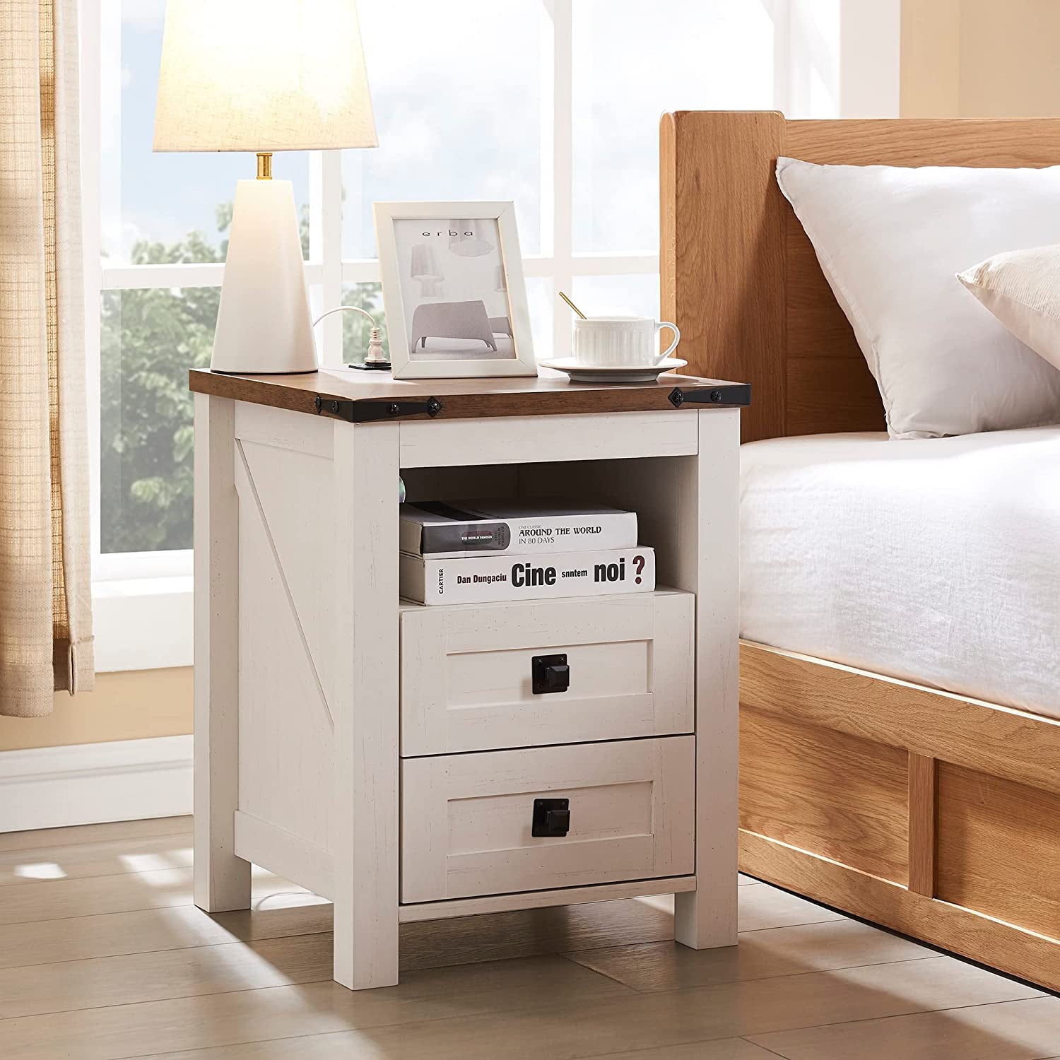 OKD Modern Farmhouse 2- Drawer Nightstand with Charging Station for Bedroom Living Room, End Table, Side Table, off White