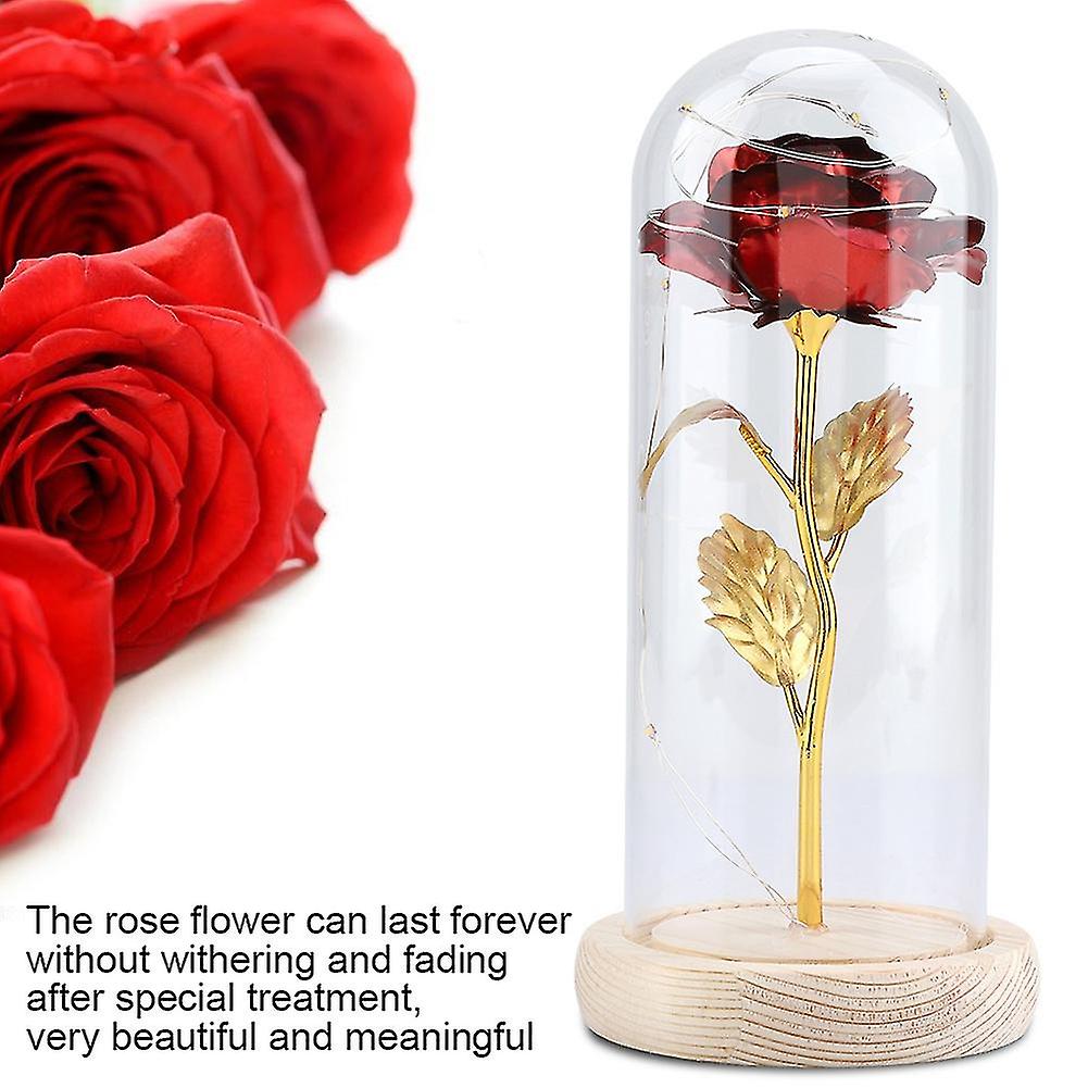 Preserved Rose Flower LED Light with Glass Cover andamp; Wooden Base Valentines'Day Wedding Red