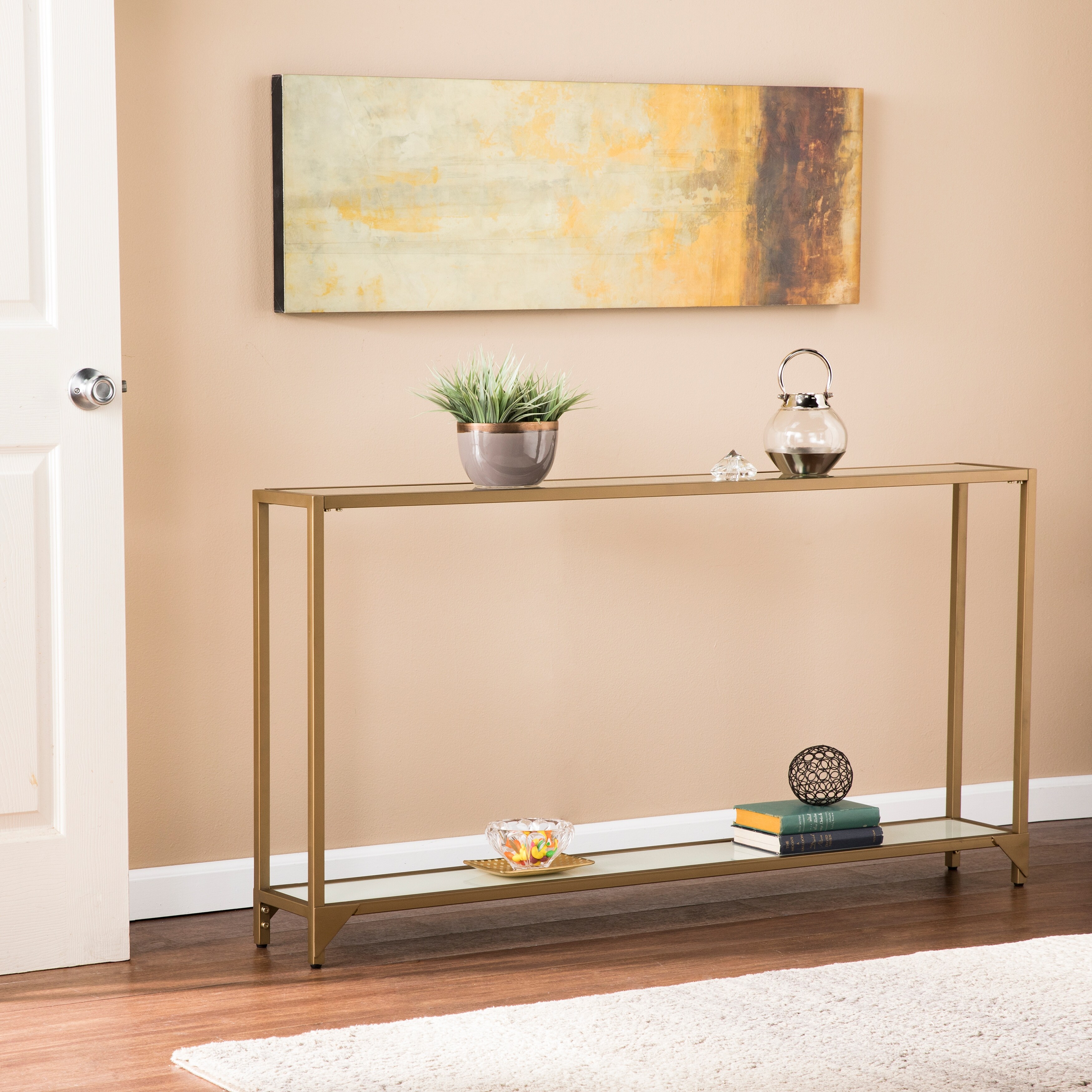 SEI Furniture Grant Wall-hug Goldtone Metal and Glass Console Table