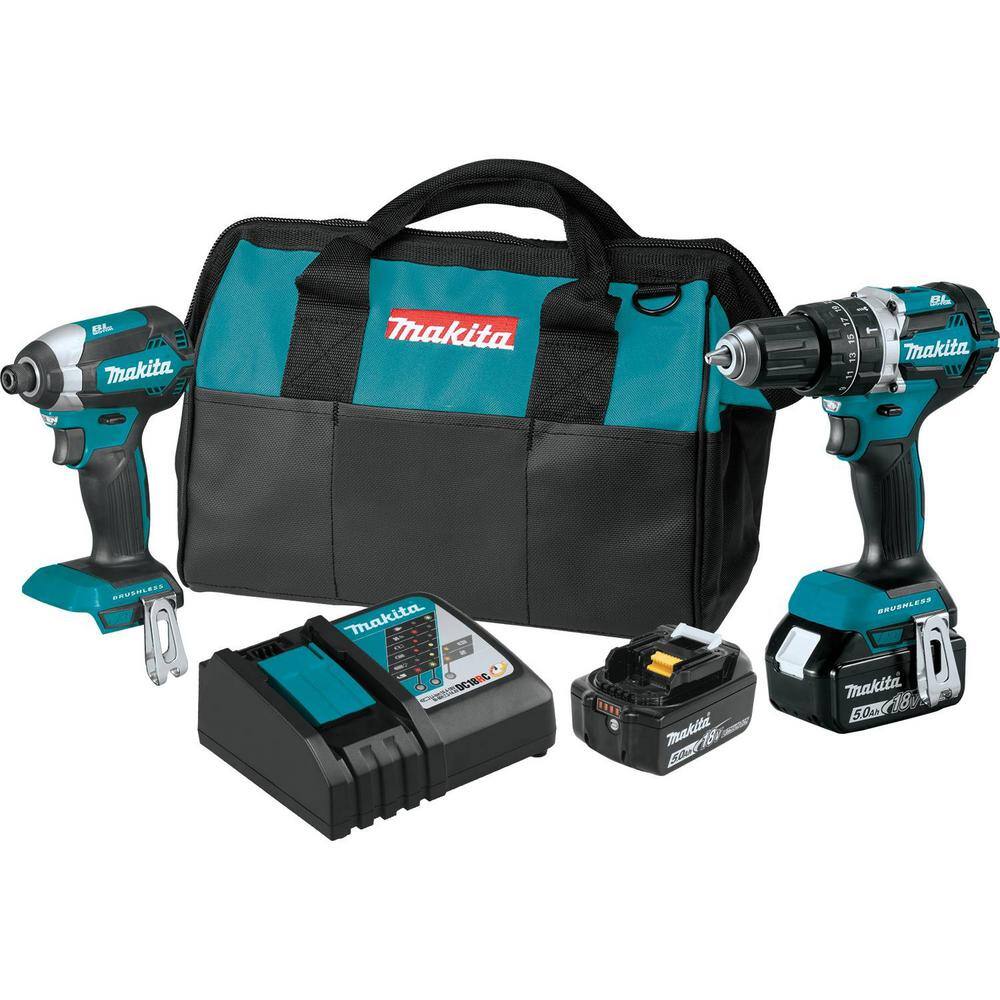 Makita 18V LXT Lithium-Ion Brushless Cordless 2-Piece Combo Kit (Hammer Drill Impact Driver) 5.0 Ah XT269T