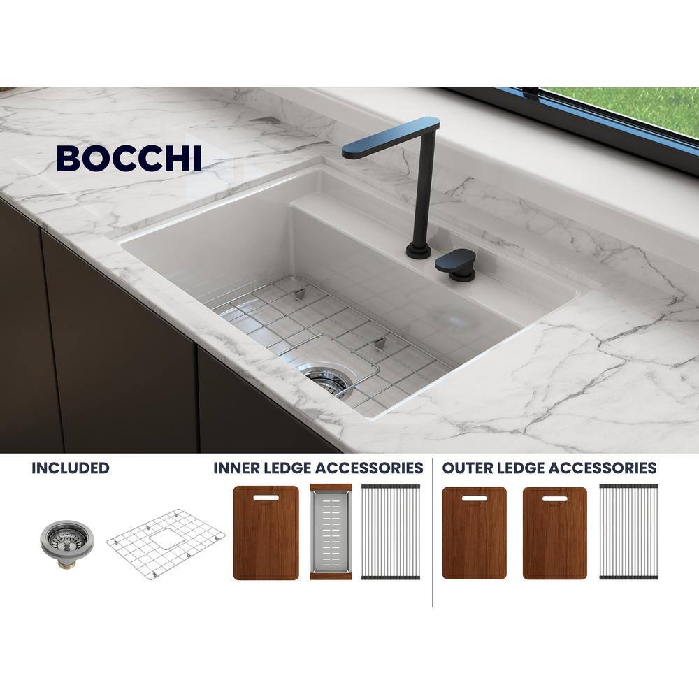 BOCCHI Baveno Uno White Fireclay 27 in. Single Bowl UndermountDrop-In 2-hole Kitchen Sink wIntegrated WS and Acc. 1633-001-0132