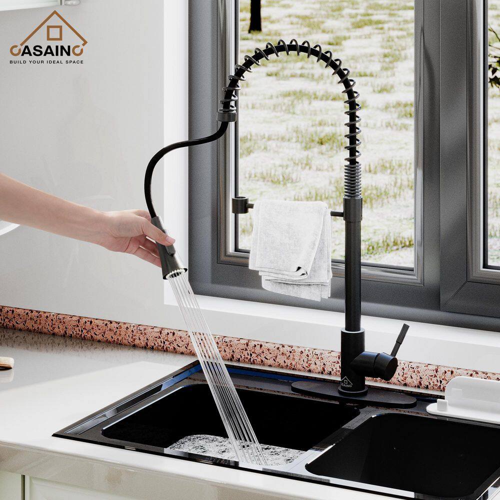 CASAINC Single-Handle Spring Pull Down Sprayer Kitchen Faucet in Matte Black with Dual Function Sprayhead and Deckplate CA-D0674-MB