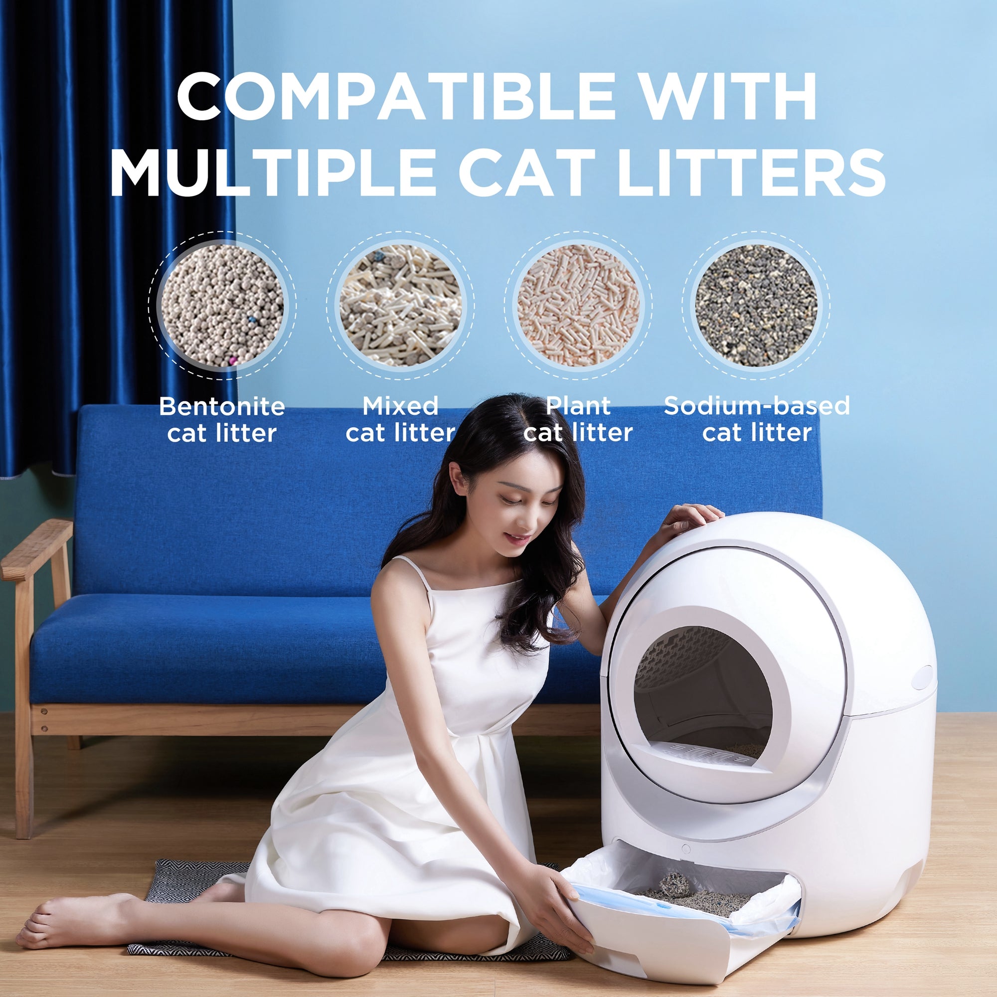 Tomshoo Self -Cleaning Cat Litter Box for Multiple Cats ， Scooping Automatically ， Suitable for all kinds of cat litter， Secure，Odor Removal ， App Control， Support 5Gand2.4G WiFi.