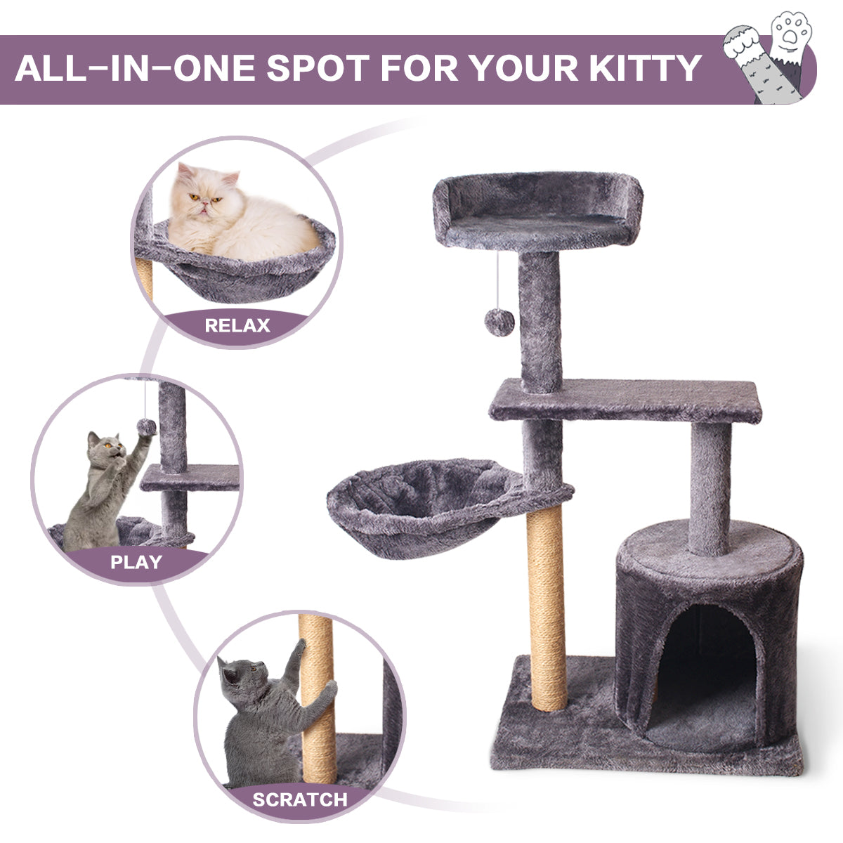 Vesteel Cat Tree, 34.6" Cat Tower Condo with Cozy Basket and Sisal Scratching Post for Indoor Cats Kitten, Gray