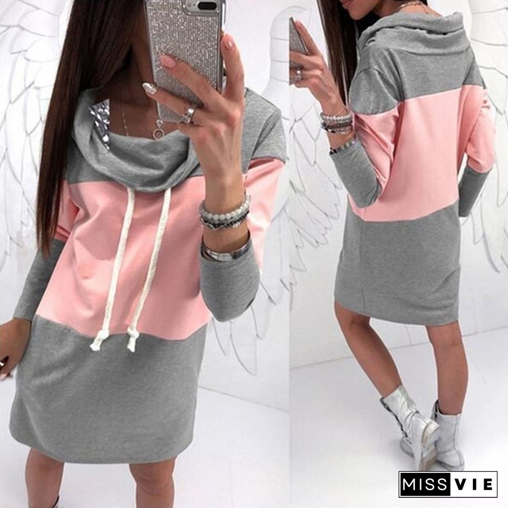 Casual Autumn Women Long Sleeve High Collar Patchwork Maxi Sport Sweatshirt Dress