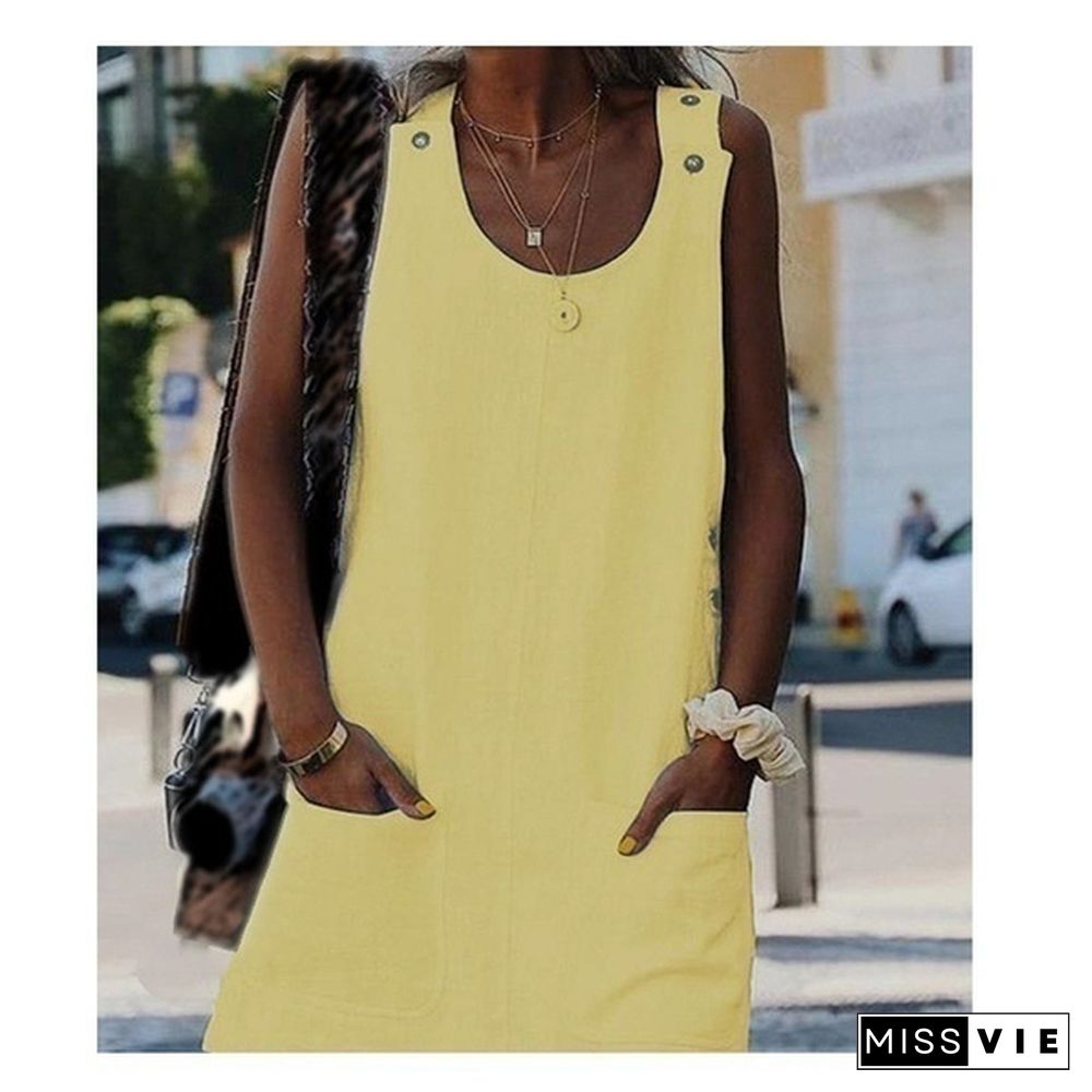 New Women's Fashion Summer O-Neck Sleeveless Tank Dress Casual Solid Color Pockets Strap Dress Cotton Linen Off Shoulder Beach Skirt Plus Size Loose A-Line Dresses Ladies Fashion Mini Dress Sundress