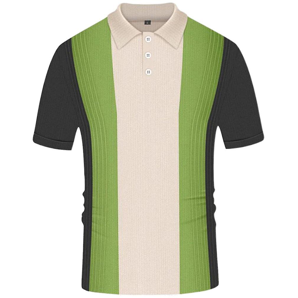 Men's Summer Knitted Polo Shirt Short Sleeve Vintage Striped Golf Shirt