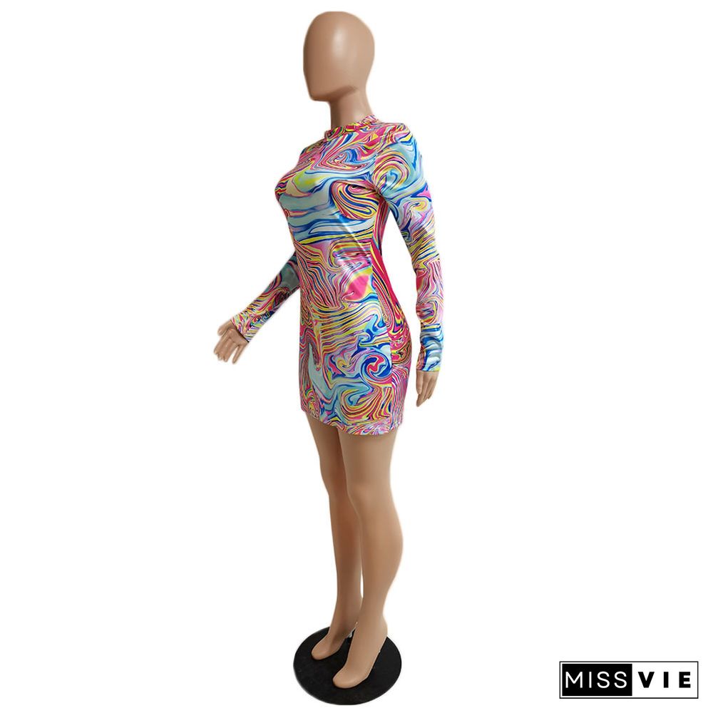 Fashion Printed Women Sexy Long Sleeve Round Neck Pack Hip Nightclub Party Bodycon Mini Dress