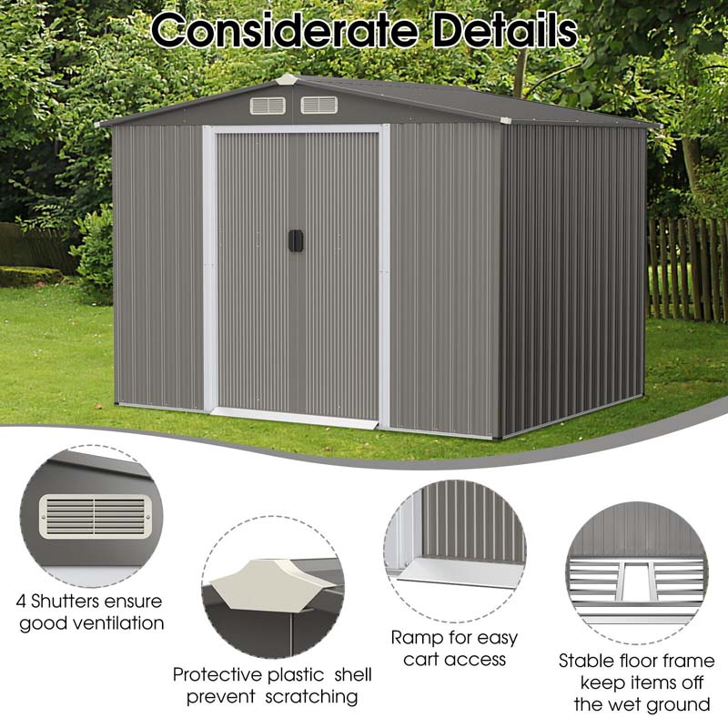 8 x 6 FT Outdoor Metal Storage Shed Garden Tool Storage Room with Foundation, 4 Louvers, Double Doors & Ramp