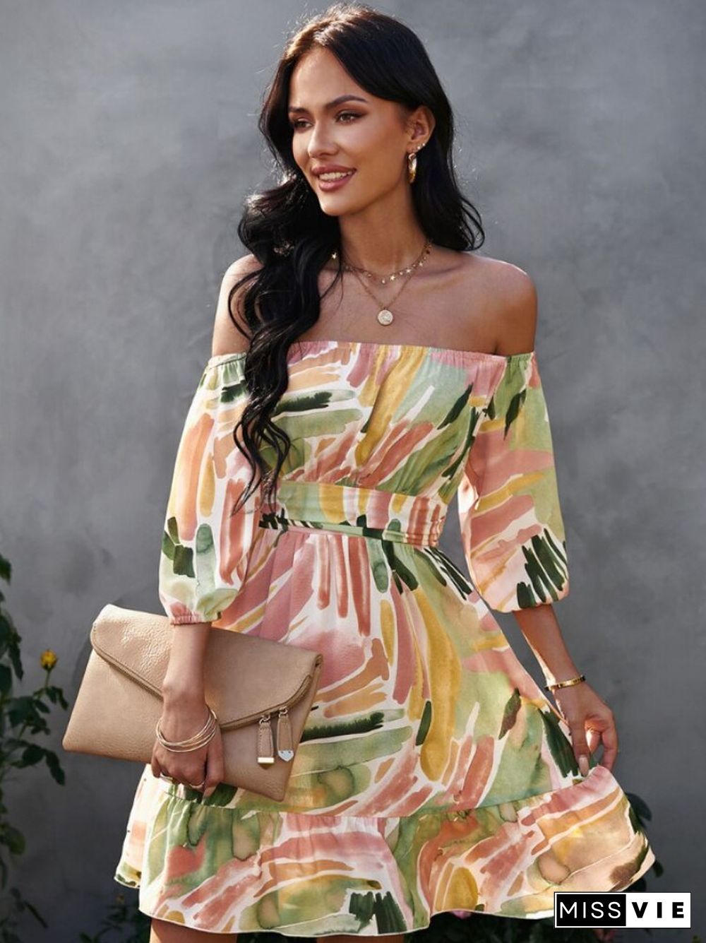 New Spring Summer Fashion Print Dress Female Off-shoulder Straight-neck Short Skirt Temperament Casual Vacation Wear Dresses